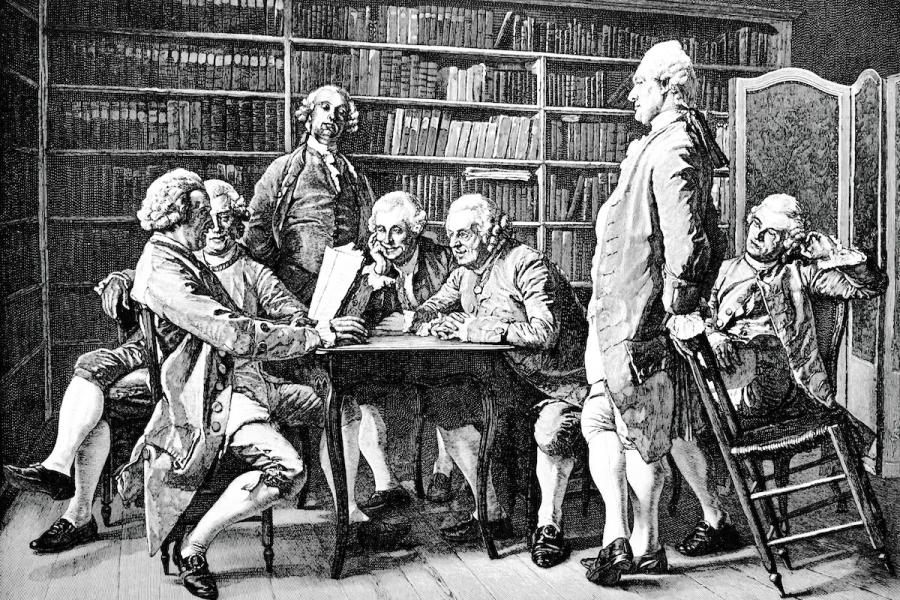 A drawing shows a group of 19th century intellectuals involved in a literary session.