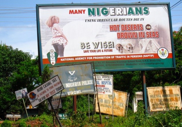 anti-trafficking billboard outside Benin City, Nigeria. Photo: Stacey Vanderhurst, University of Kansas.