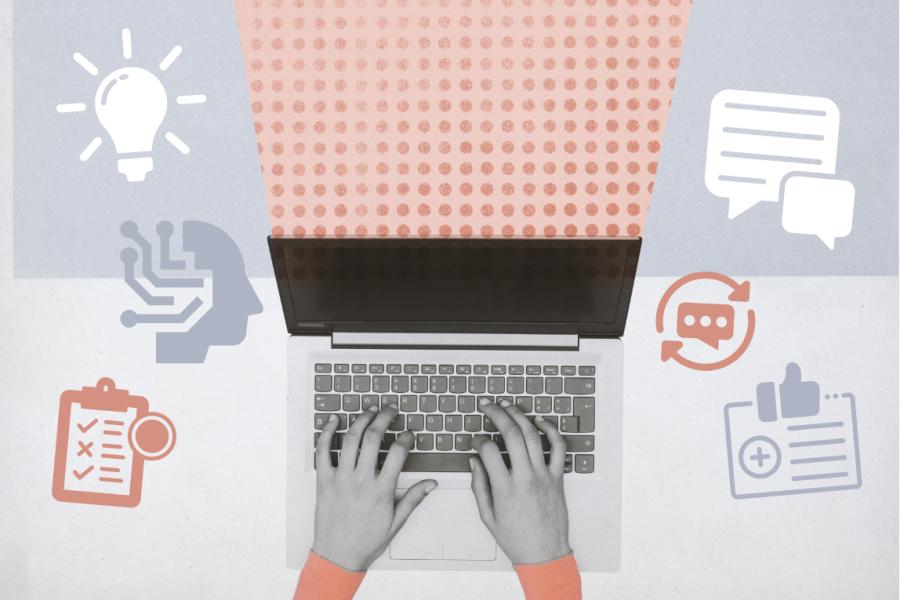A student works on a laptop with icons illustrating her effort working with an AI feedback tool