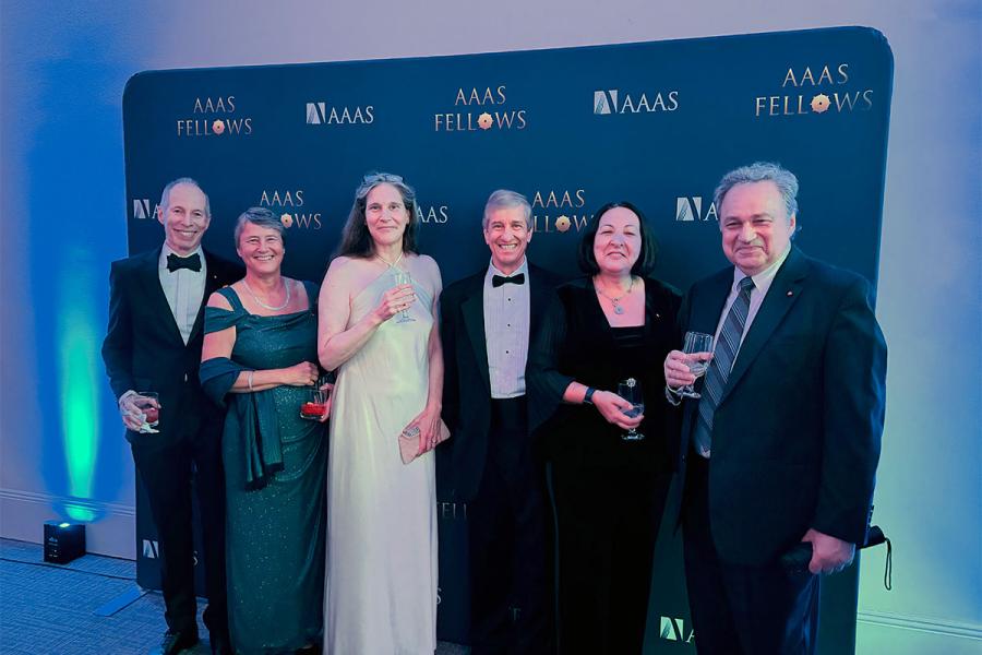 Among the KU faculty members who attended the American Association for the Advancement of Science's 150th Anniversary Gala were, from left, Allard Jongman, Joan Sereno, Sharon Billings, James Kindscher, Candan Tamerler and Ilya Vakser. Photo credit: Robin Lehman