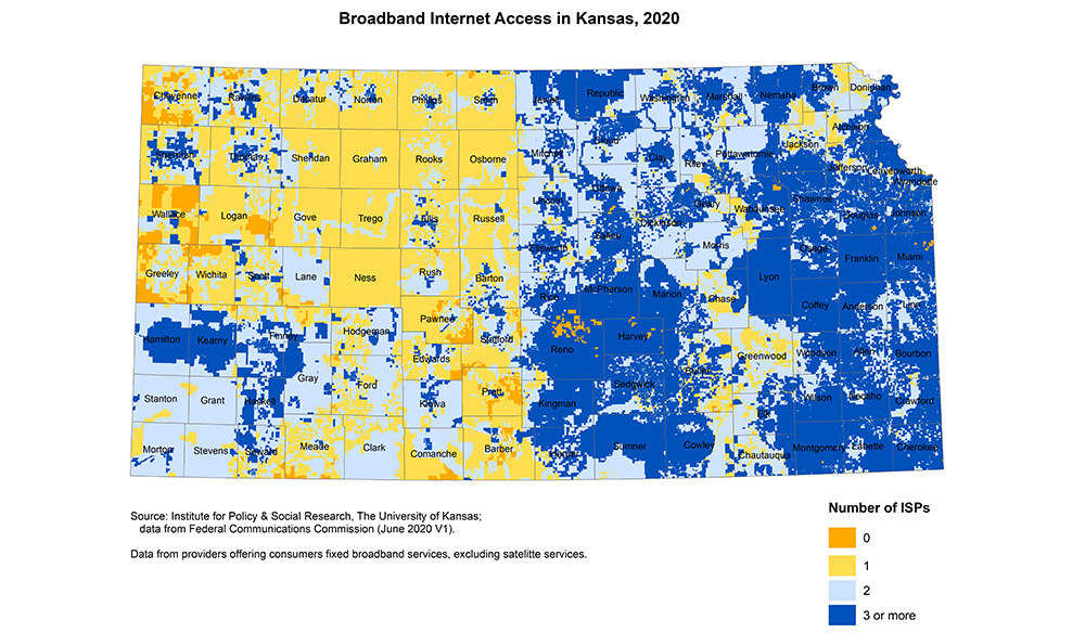 Broadband Internet Access in Kansas, 2020, Number of Internet Service Providers. Source: Institute for Policy & Social Research, the University of Kansas, data from the Federal Communications Commission.