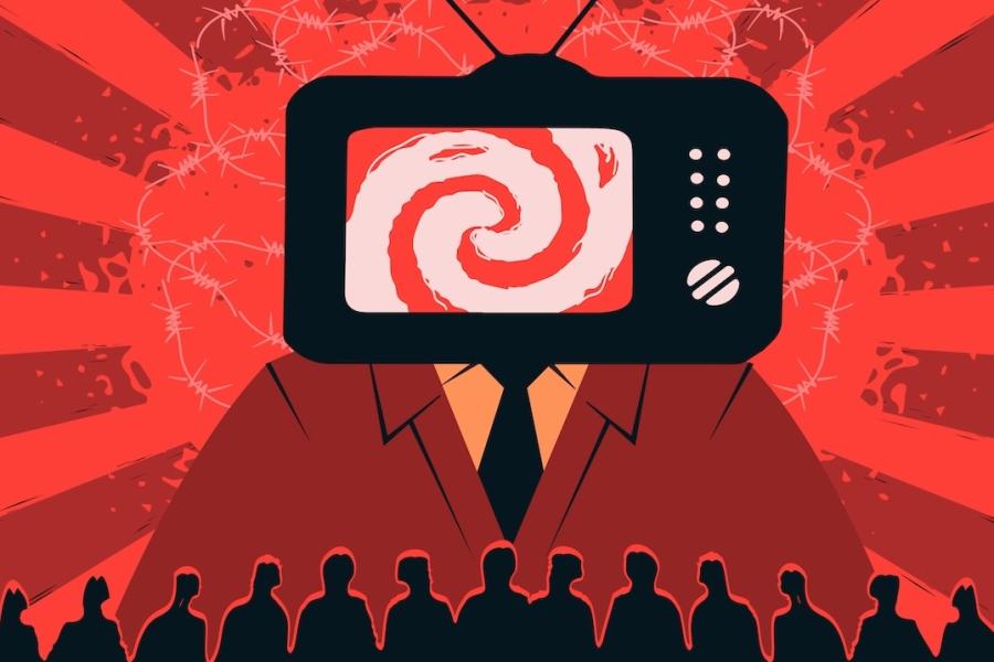 A figure with a television for a head uses misinformation to hypnotize a faceless mob.