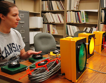 Cheryl Bornheimer, with practice 'buzzer.'