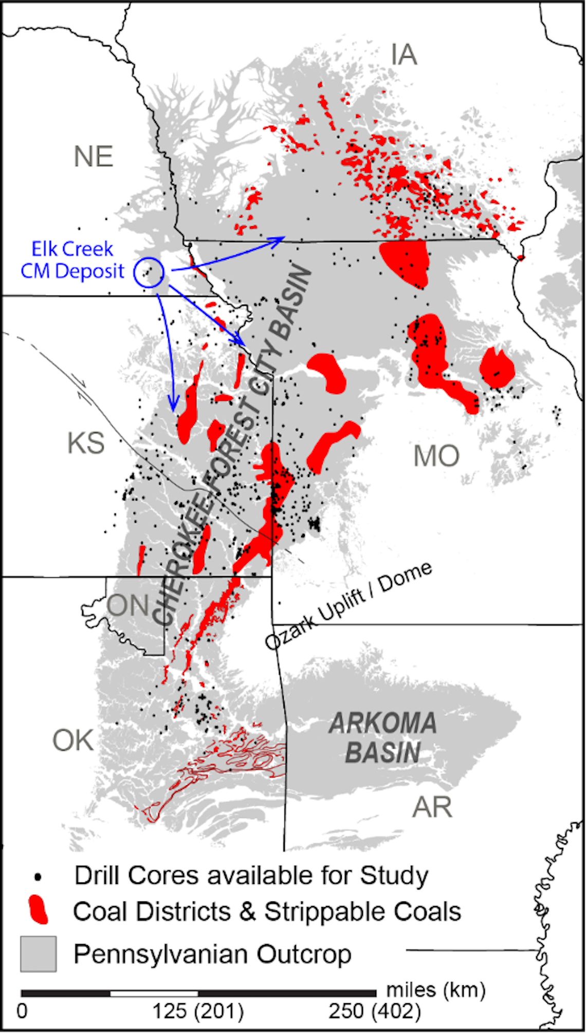 Pennsylvanian outcrop belt showing former coal mine districts and near-surface strippable coals.