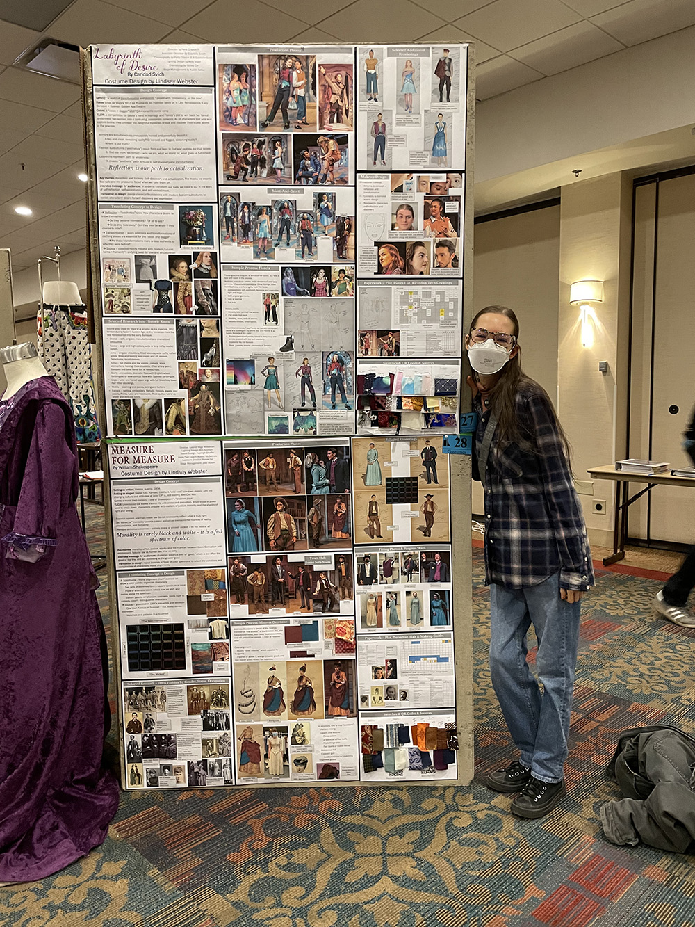 Lindsay Webster with tall multi-photo display for her costume design work.
