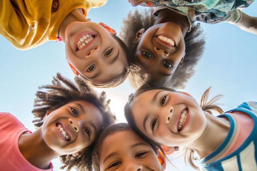 Five kids in a huddle, hugging and smiling