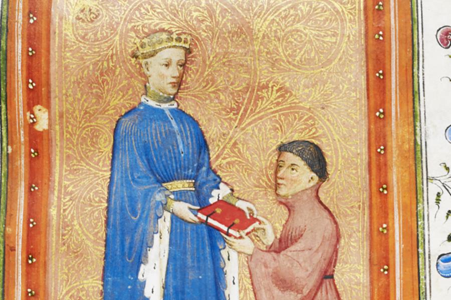 Detail from illumination in Thomas Hoccleve’s “Regiment of Princes,” believed to show Hoccleve presenting the book to a royal patron. Credit: Courtesy British Library, MS Arundel 38