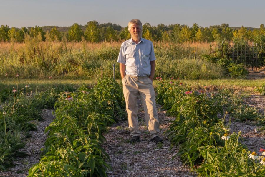 Dr. Kelly Kindscher standing in the University of Kansas Medicinal Garden.