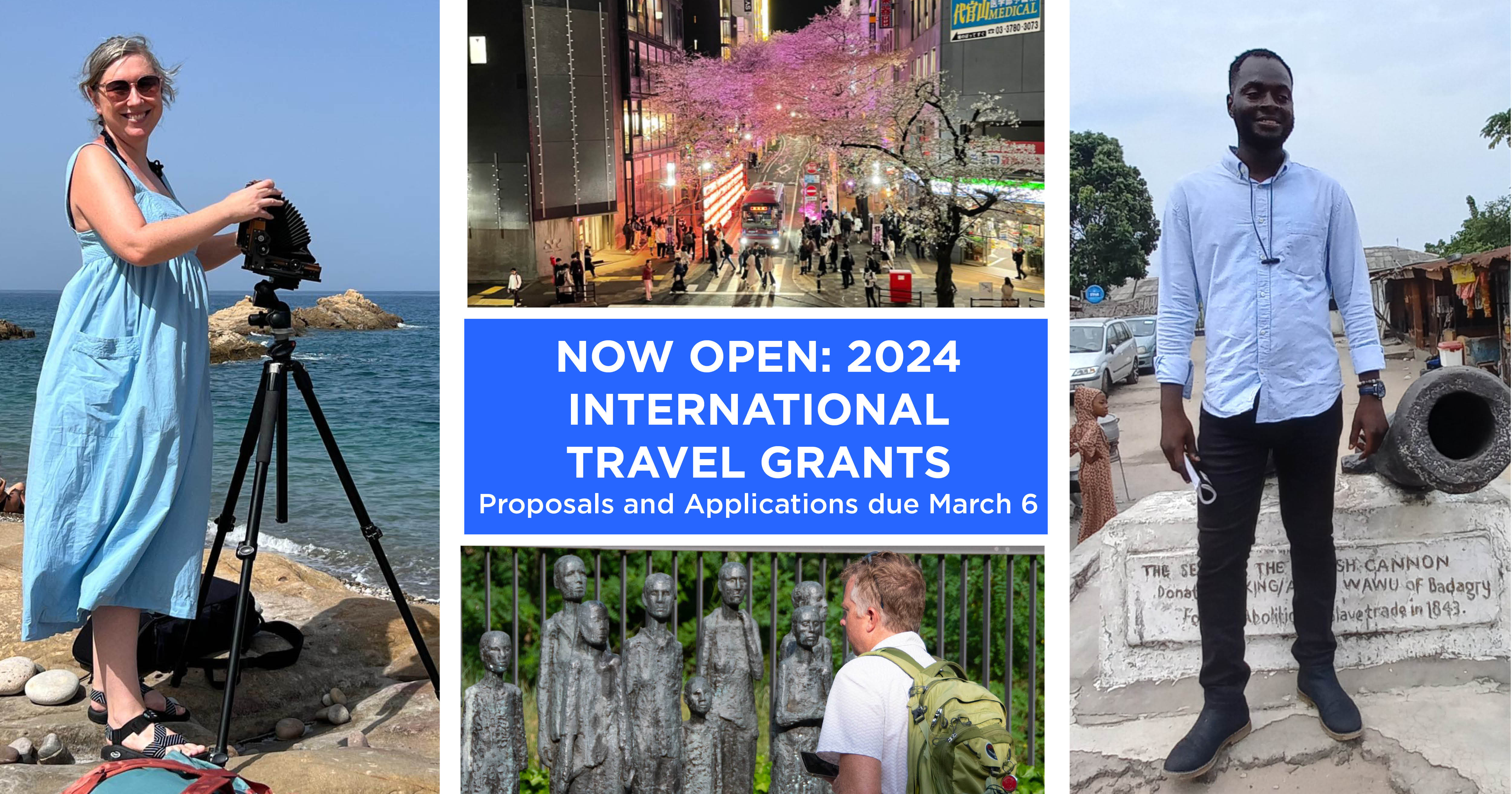 Photos of KU faculty abroad with camera equipment at beach, visiting historical sites. Also: A busy city intersection. Text reads: Now open: 2024 International Travel Grants. Proposals and applications due March 6.