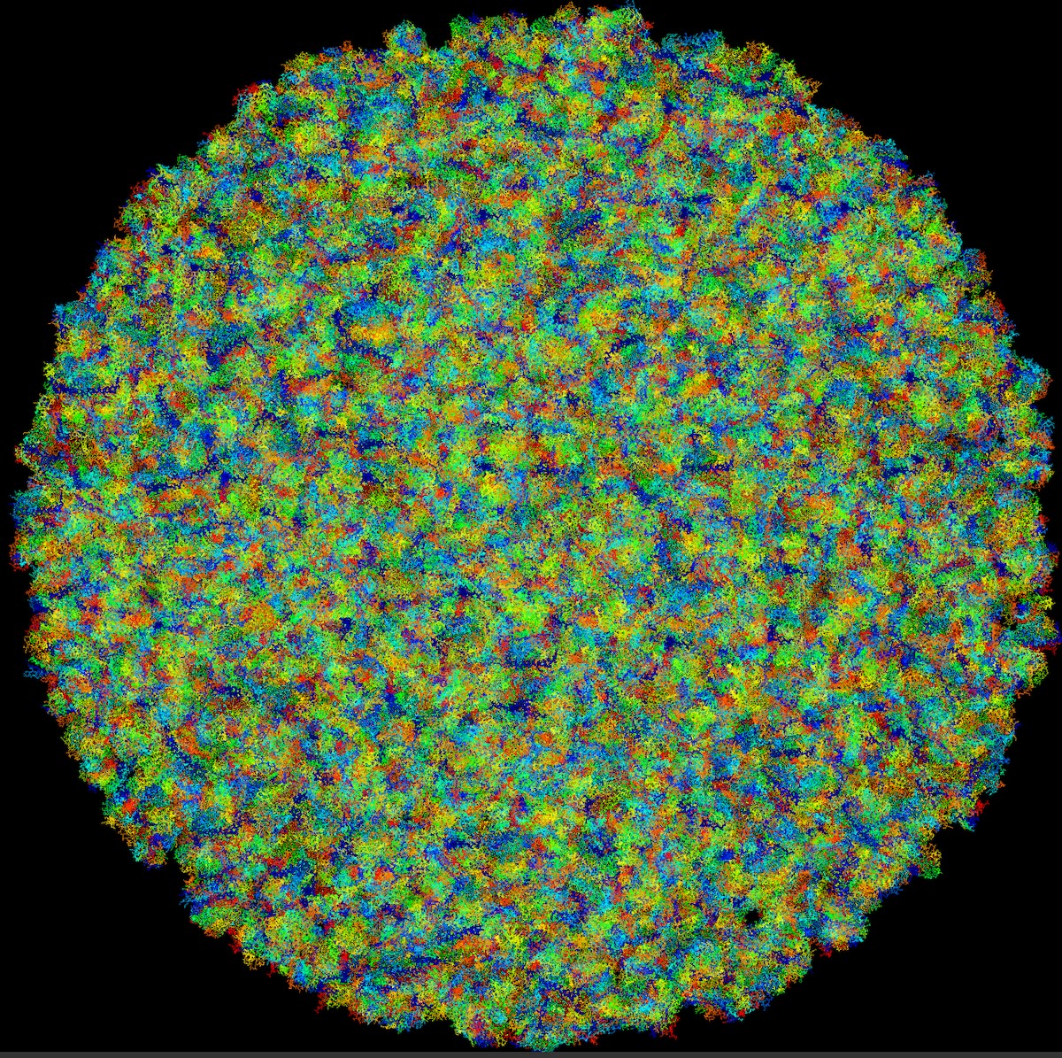 Computer simulation of Mycoplasma containing proteins at physiological concentration (individual proteins shown by different colors).