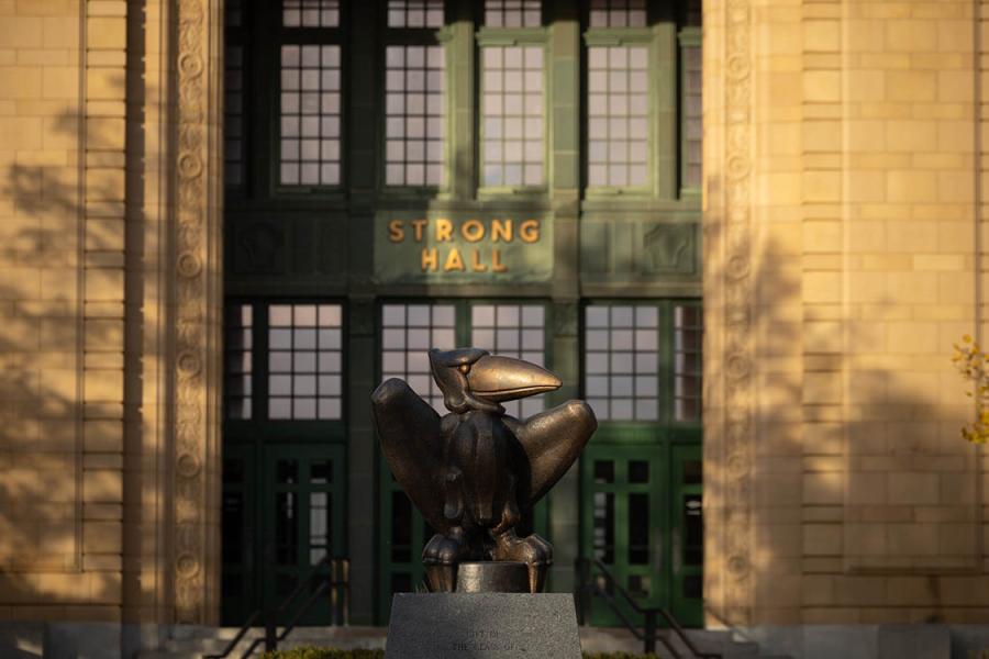 Jayhawk statue outside Strong Hall