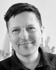 black and white image of Steve Gurysh, associate professor of visual art