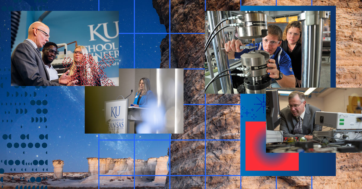 An assortment of KU faculty and students in university research settings against a backdrop of a geological formation in Kansas.