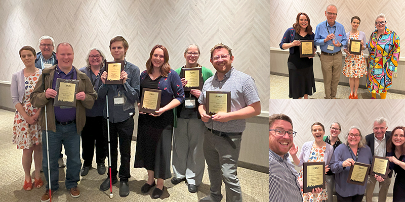 A three image collage; image one features Feloniz Lovato-Winston, Martha Kehr, Beth McKenzie, Trish Dowd Kelne, and Nick Carswell from Audio-Reader posing with award plaques along with Harry Duchesne (Audio Journal), Jonathan Milam (MindsEye Radio), and Evan Starnes (Aftersight); image two has Beth McKenzie, Mike Duke, Felly Lovato-Winston, and Bekah Jerde; image three is Audio-Reader staff with advisory board chair Randy Austin.