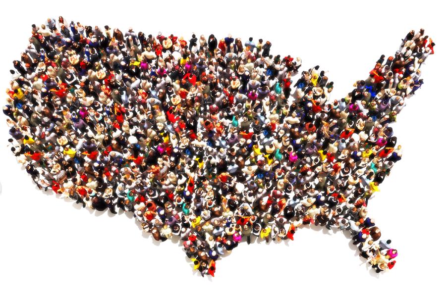 Collage of people in the shape of a map of the United States