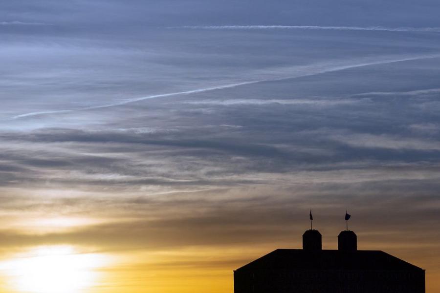 Fraser Hall at sunset in Lawrence, KS.