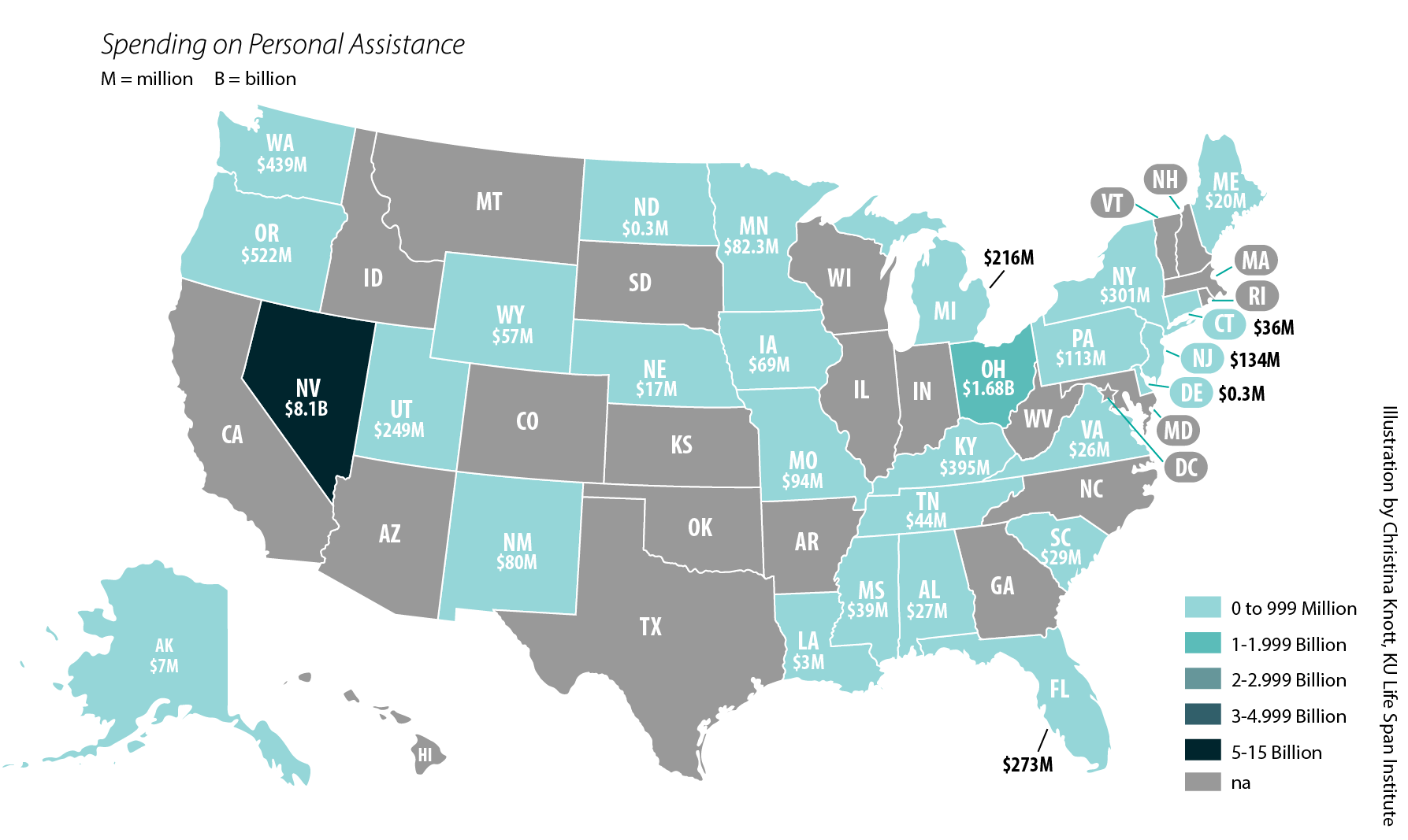 U.S. map showing spending on personal assistance