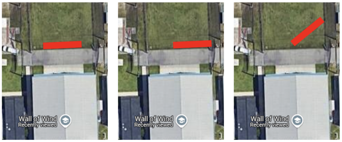 Images of manufactured homes seen from above at different angles to wind force