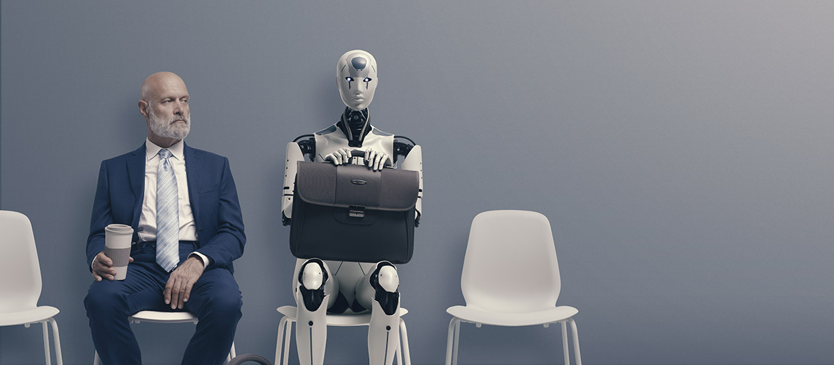A photo illustration of a man and an AI bot waiting or a job interview.