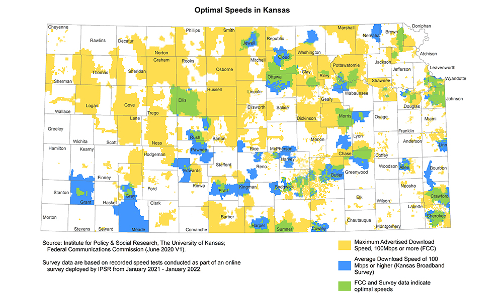 Map of optimal broadband speeds in Kansas. Source: KU IPSR