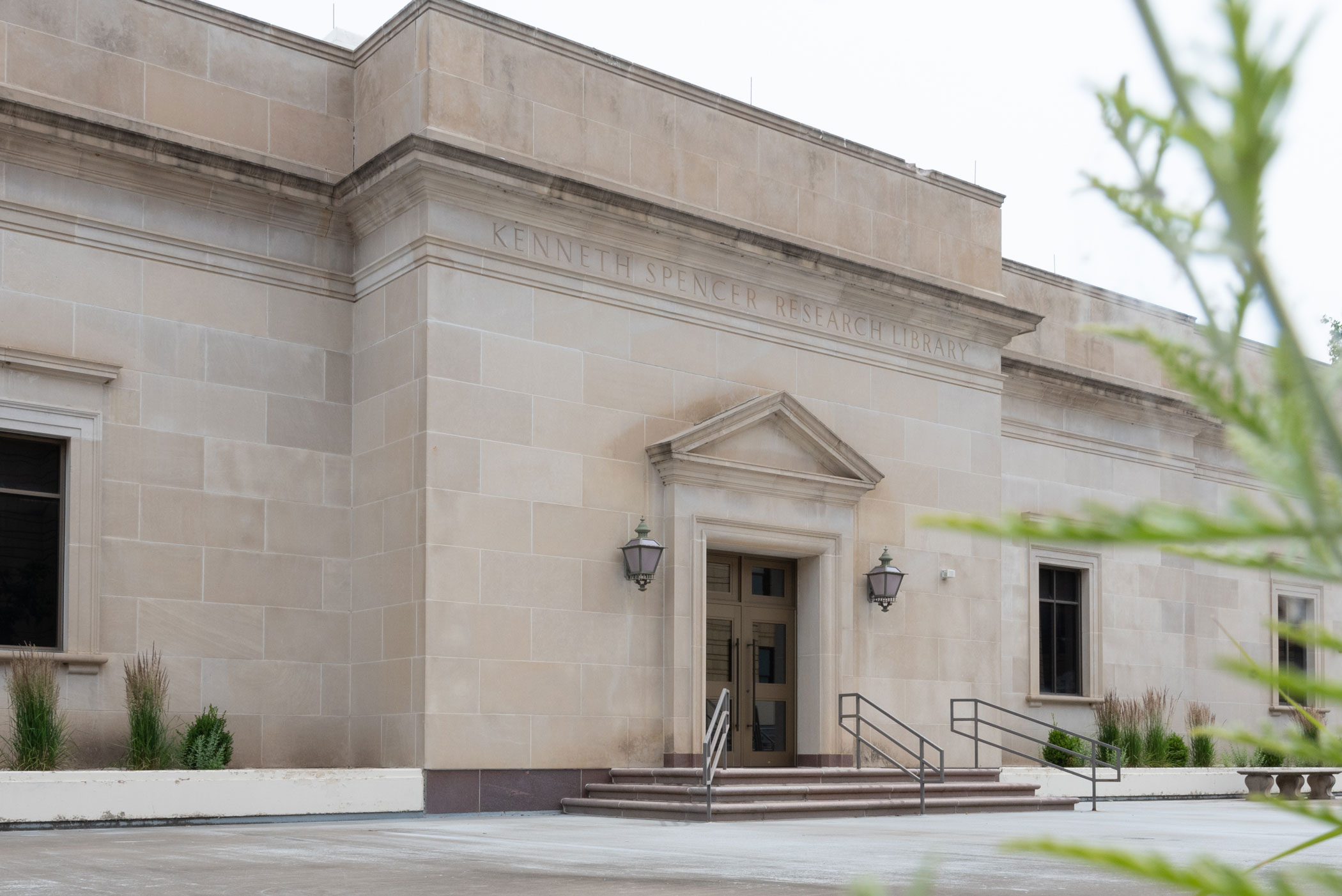 A view of Spencer Research Library from the south terrace.
