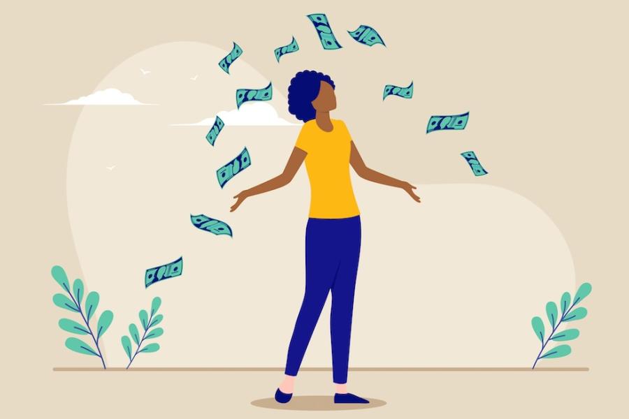 An illustration depicts a black woman being showered by 100 dollar bills.