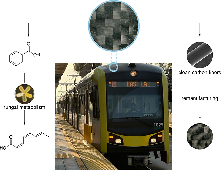 Diagram shows the chemical procedure for breaking down and removing the matrix from carbon fiber reinforced polymers (CFRPs) such that recovered carbon fiber plies exhibit mechanical properties comparable to those of virgin manufacturing substrates.