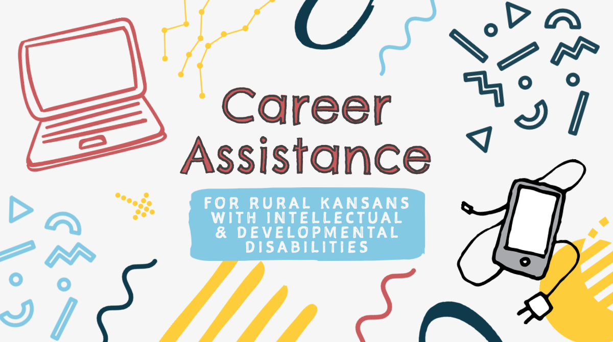 Career Assistance logo with doodles of laptop, phone, shapes, stripes