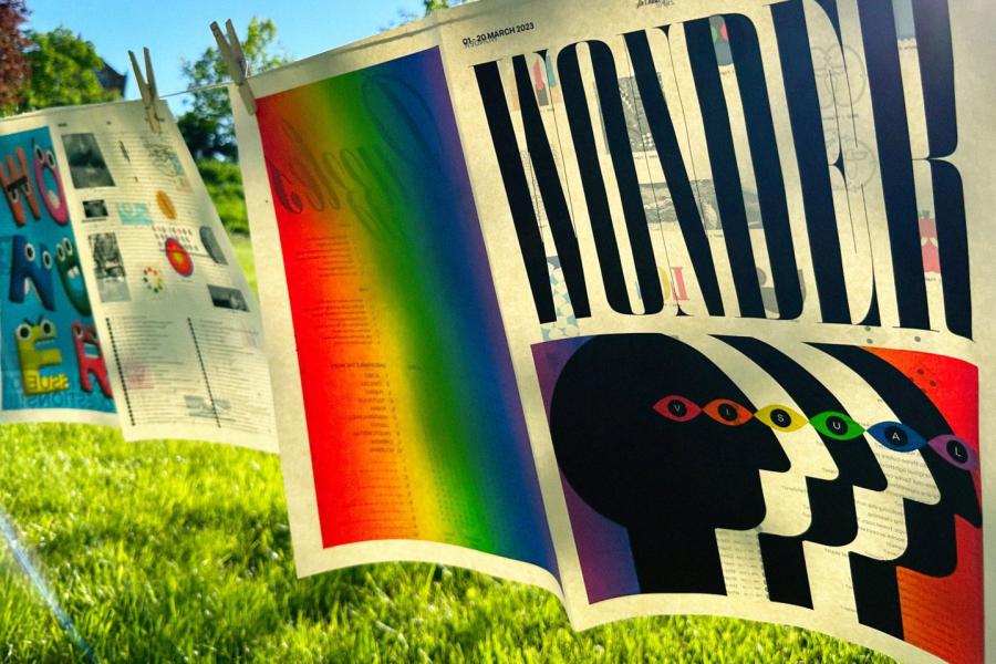 A photograph of sheets of newspaper hanging from pegs on a string line in a green space, with multicolored details on them