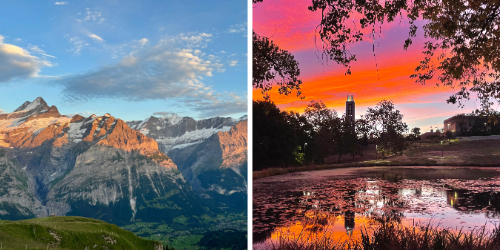 On the left: A breathtaking panoramic view of a mountain range. The mountains are dusted with snow, while the sun casts a warm glow on the rocky peaks. The sky is partly cloudy with patches of blue visible, and a lush green valley lies below. On the right: A vibrant sunset with pink, orange, and purple hues illuminates the sky over the University of Kansas campus. The Campanile tower is visible in the distance amidst silhouetted trees. A serene pond in the foreground reflects the colorful sky, bordered by grass and darkened foliage.
