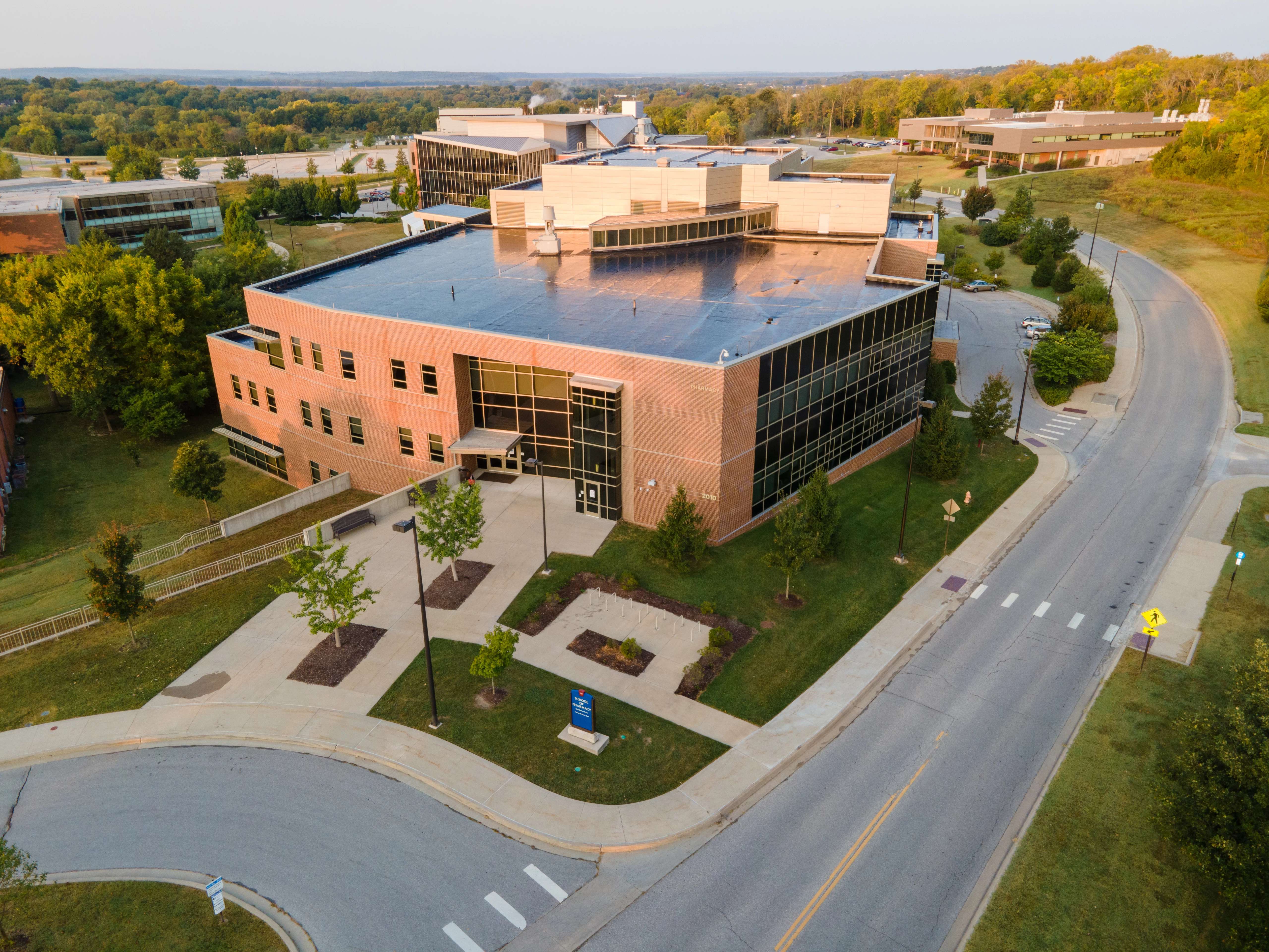 An aerial image of the School of Pharmacy building on the University of Kansas Lawrence campus.