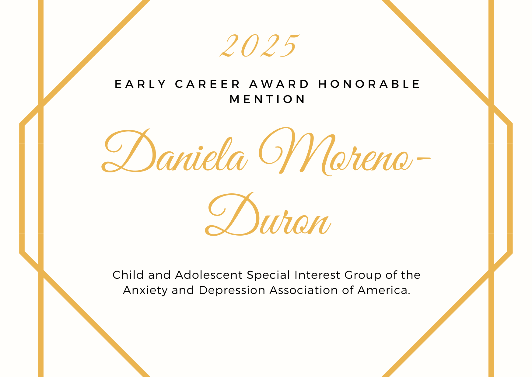 Gold and beige certificate naming Daniela Moreno-Duron as recipient of professional award