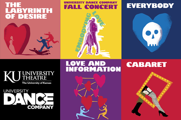 Collage of performance logos for the KU Theatre & Dance 2022-23 season.