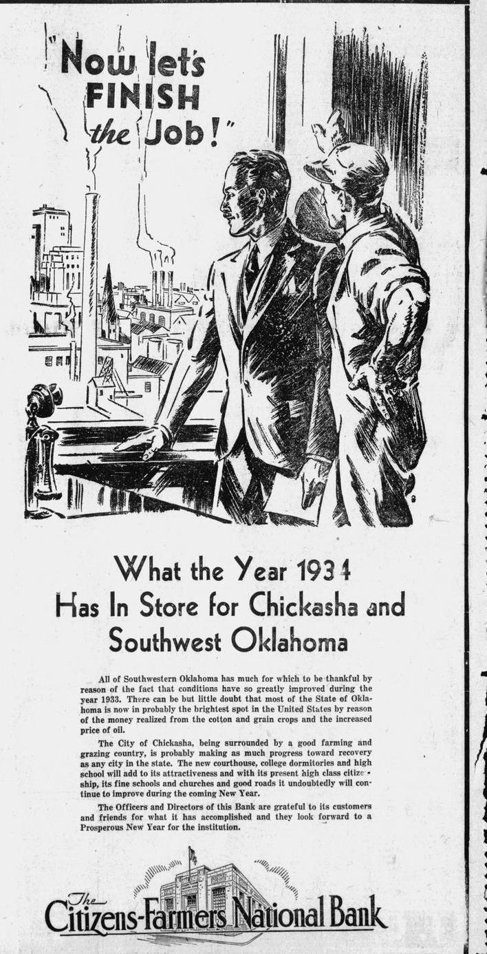 "Now let's Finish the job" newspaper ad illustration of two men in suits looking out at city landscape.