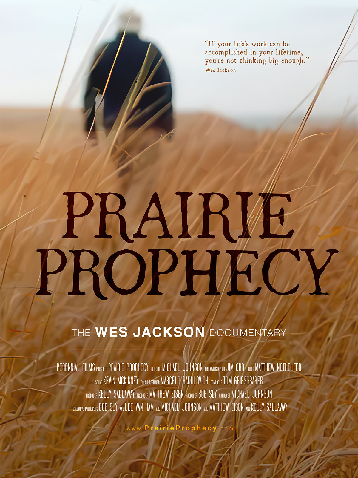 Movie poster with tall grass and a figure in walking away in the distance; the title reads "Prairie Prophecy"