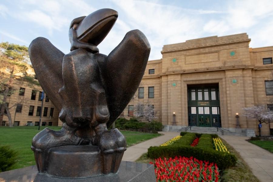 Academic Jay statue outside Strong Hall