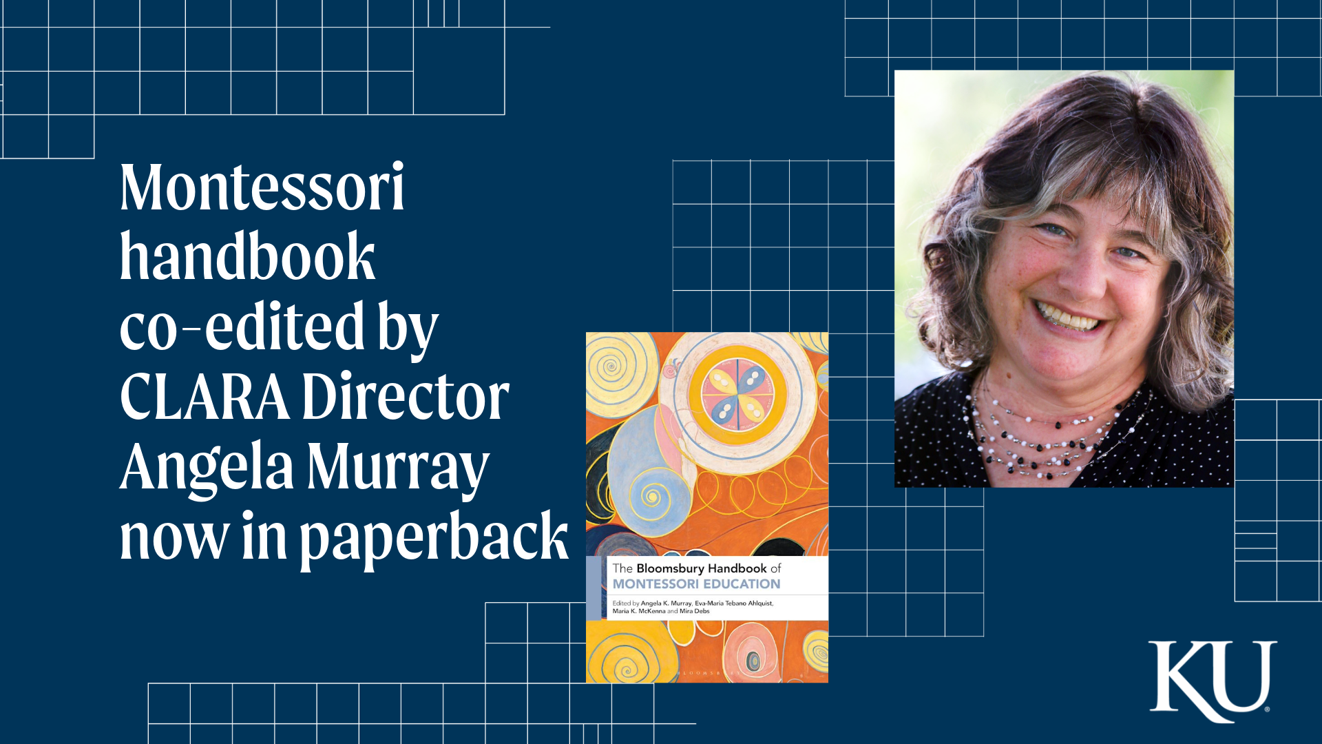 Image Card: Montessori handbook co-edited by CLARA Director Angela Murray now in paperback. Book cover and headshot of Angela Murray.