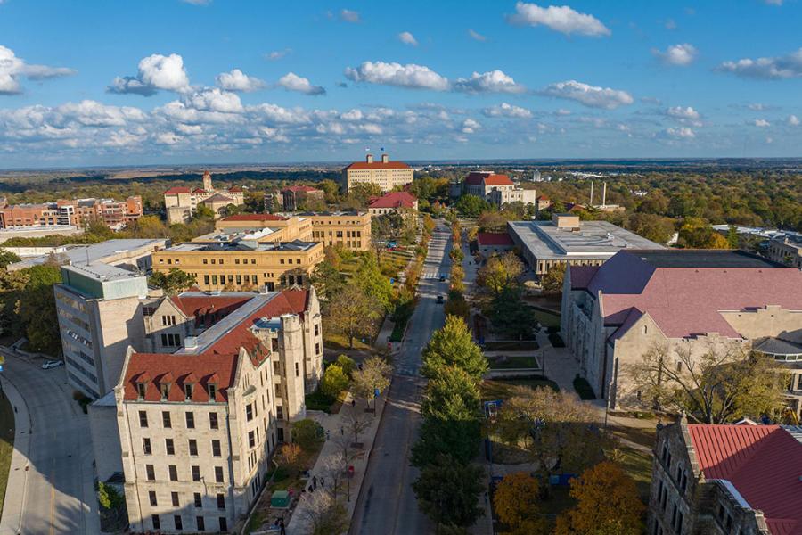 Aerial perspective of Lawrence campus in fall.