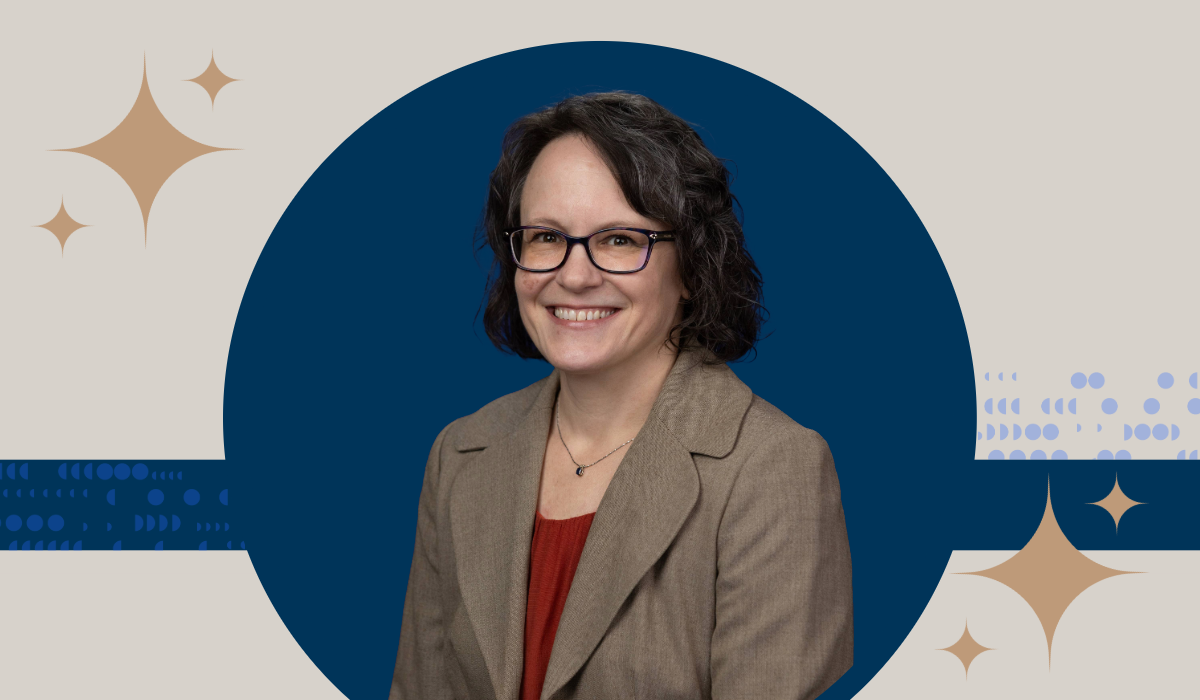 Misty Schieberle, Frances L. Stiefel Teaching Professor of English at the University of Kansas with decorative figures on both sides of image