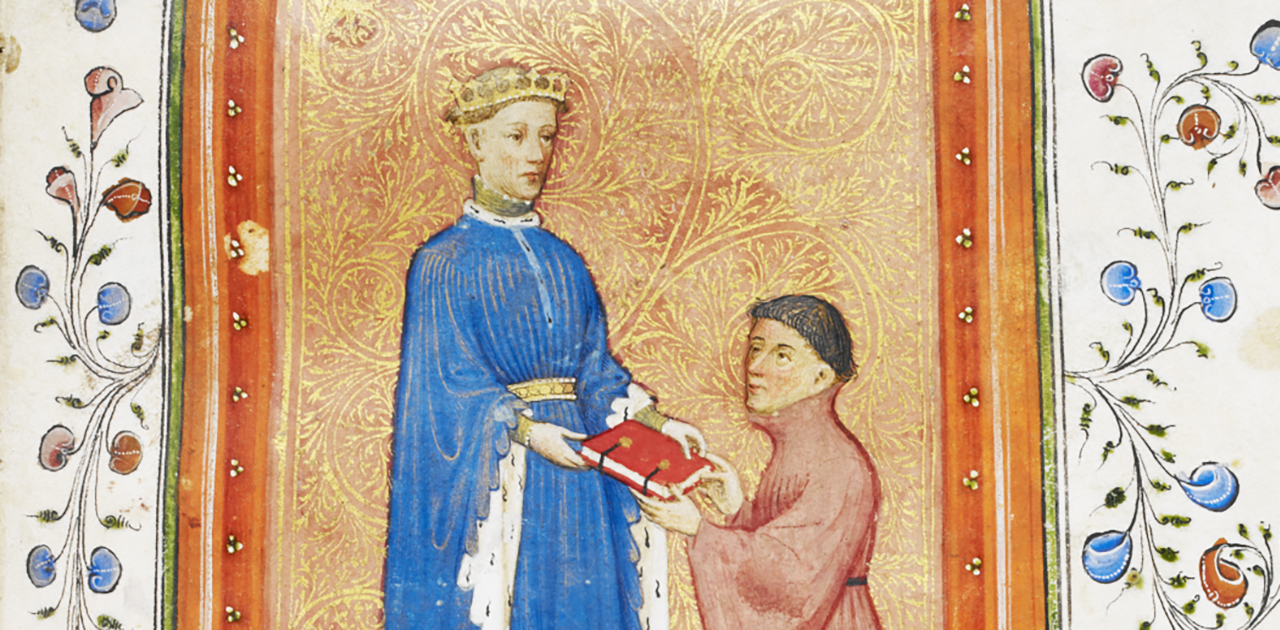 Detail from illumination in Thomas Hoccleve’s “Regiment of Princes,” believed to show Hoccleve presenting the book to a royal patron. Credit: Courtesy British Library, MS Arundel 38