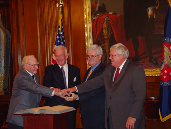 Image: Tom Foley, second from left, with other Speakers of the House, from left, Jim Wright, Newt Gingrich and Dennis Hastert. Credit: Wikimedia Commons.