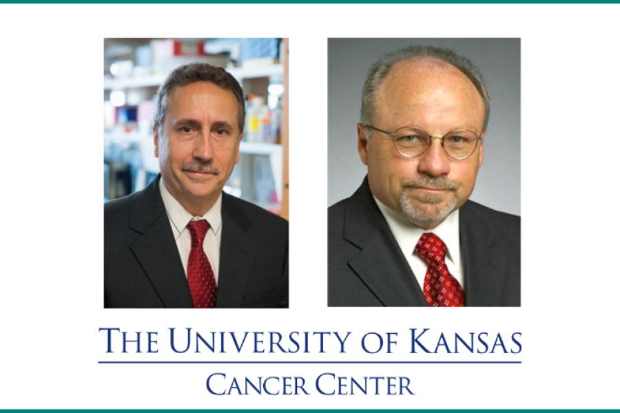 Headshot profile photos of Dr. Godwin and Prof. Soper over the KU Cancer Center logo