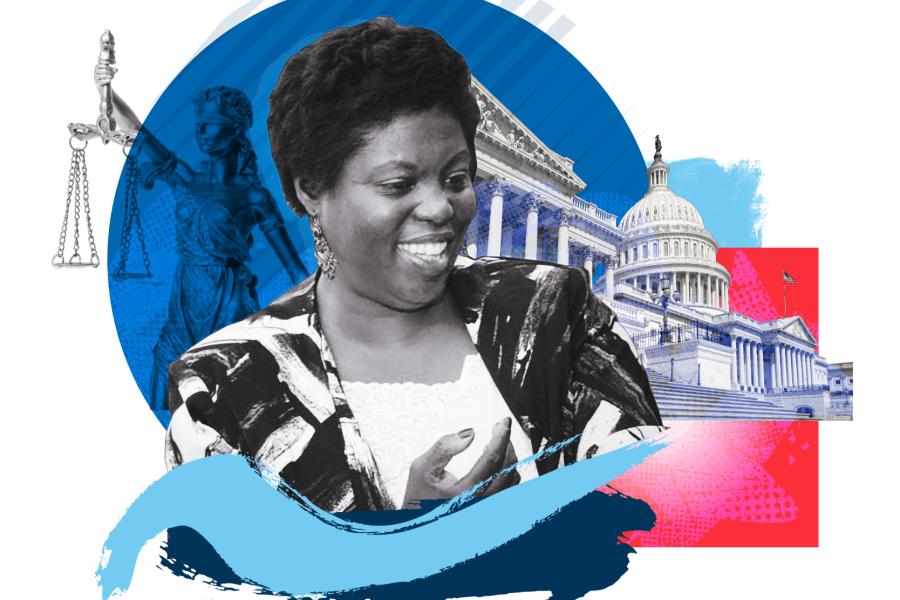 Lois Curtis is surrounded by images representing justice