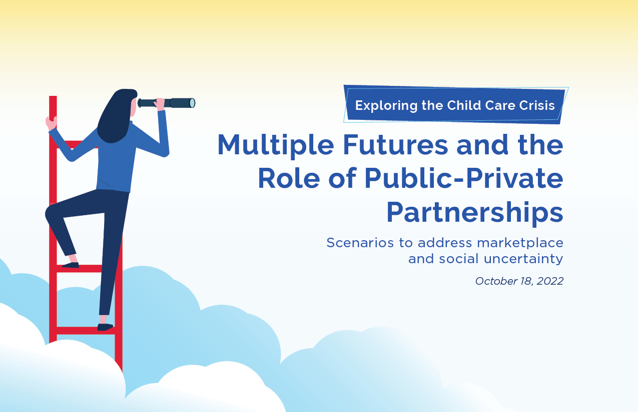 Cover of Multiple Futures and the Role of Public-Private Partnerships with woman on a ladder looking off into the horizon