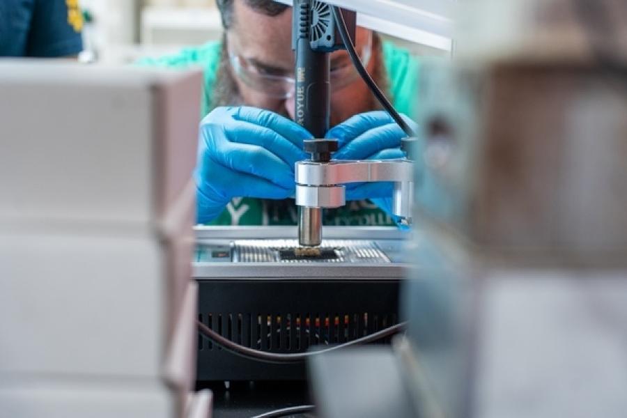 Paul Downing solders a micohotplate sensor platform