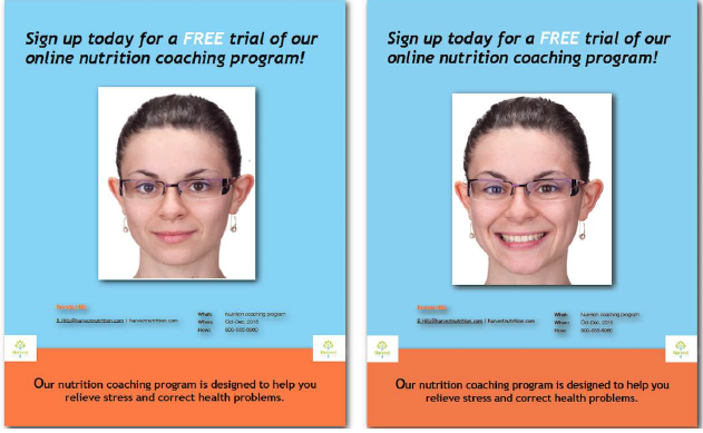 Two ads are shown side by side, one in which a woman pictured is smiling with a closed mouth and one in which her teeth are visible. 