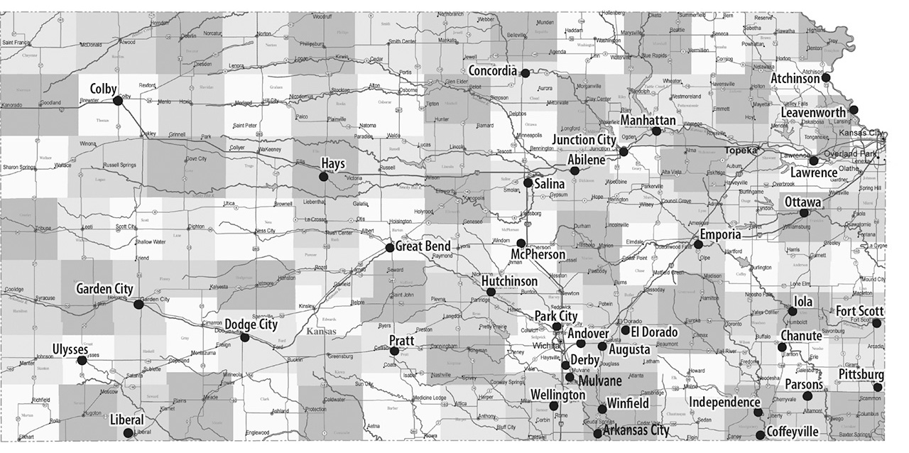 Map of 36 small Kansas cities studied, from book by Mahbub Rashid
