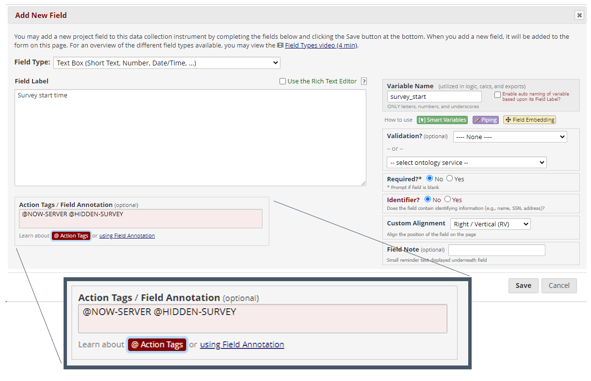 Screen capture of the REDCap Add New Field dialog with the Action Tags / Field Annotation filled in with @now-server and @hidden-survey