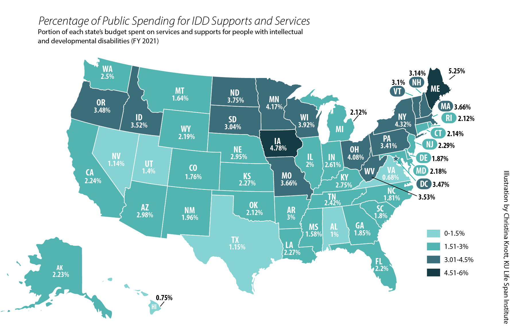 U.S. map showing percentage of public spending for IDD supports and services