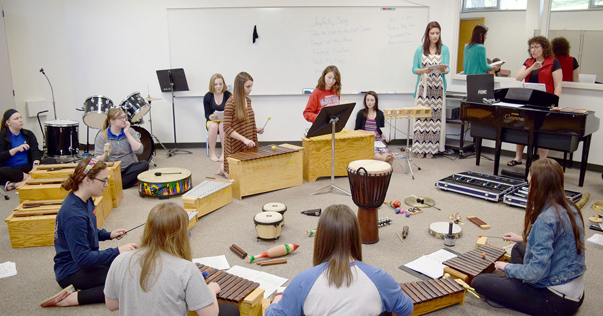 Cindy Colwell (top right) teaching a class titled “Orff Applications in Music Education and Music Therapy.” Credit: Christine Metz Howard, KU School of Music.